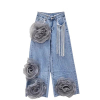 High-waisted Denim Jeans With Three-dimensional Flower Bead Chains