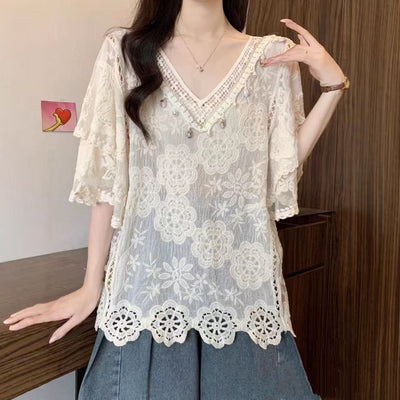 Womens Fashion Embroidered Hollow Lace Short-Sleeve Shirt