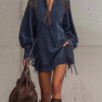 European And American V-neck Tassel-embroidered Dress