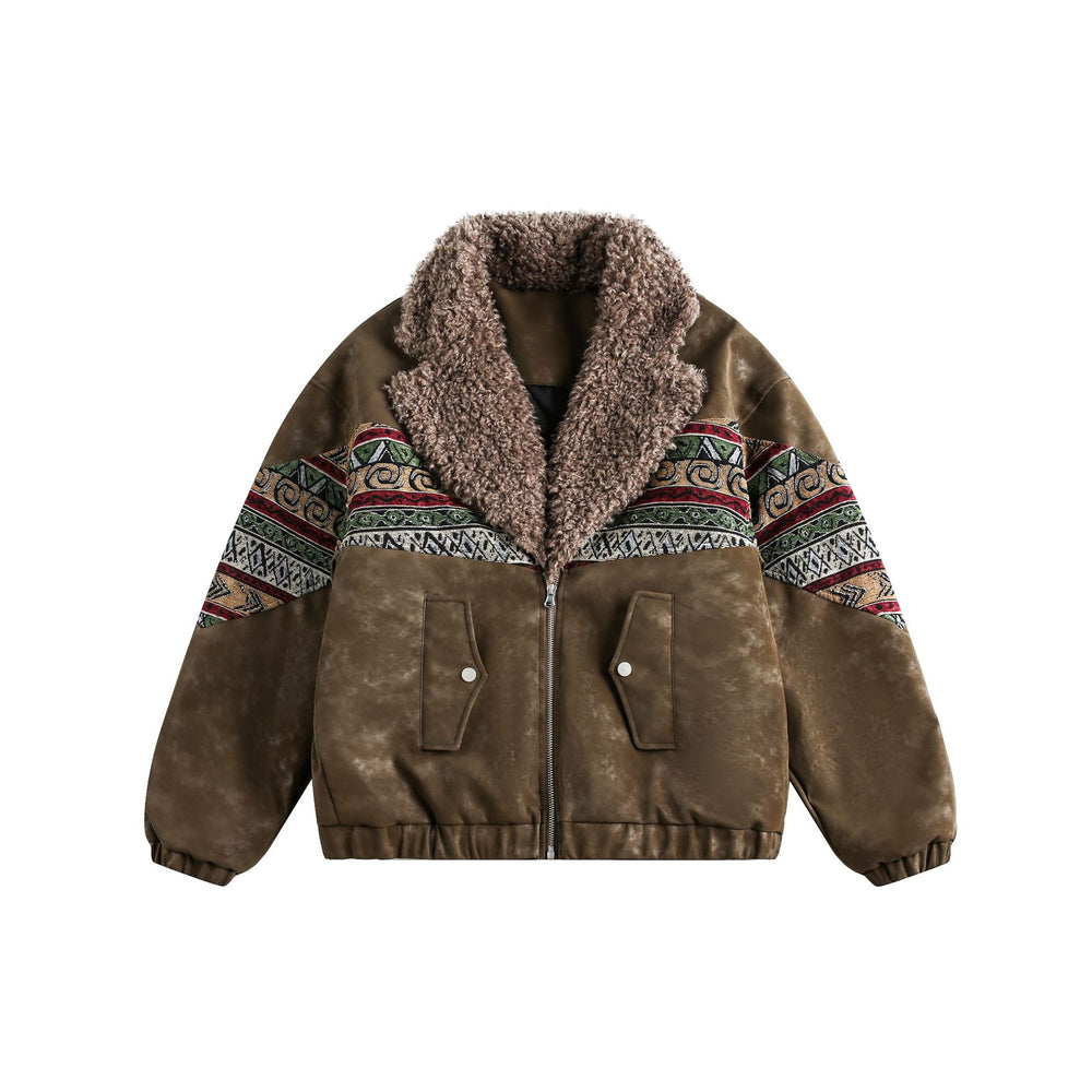 Thermal Cotton-Padded Jacket With Spliced PU Leather And Lambswool Lining