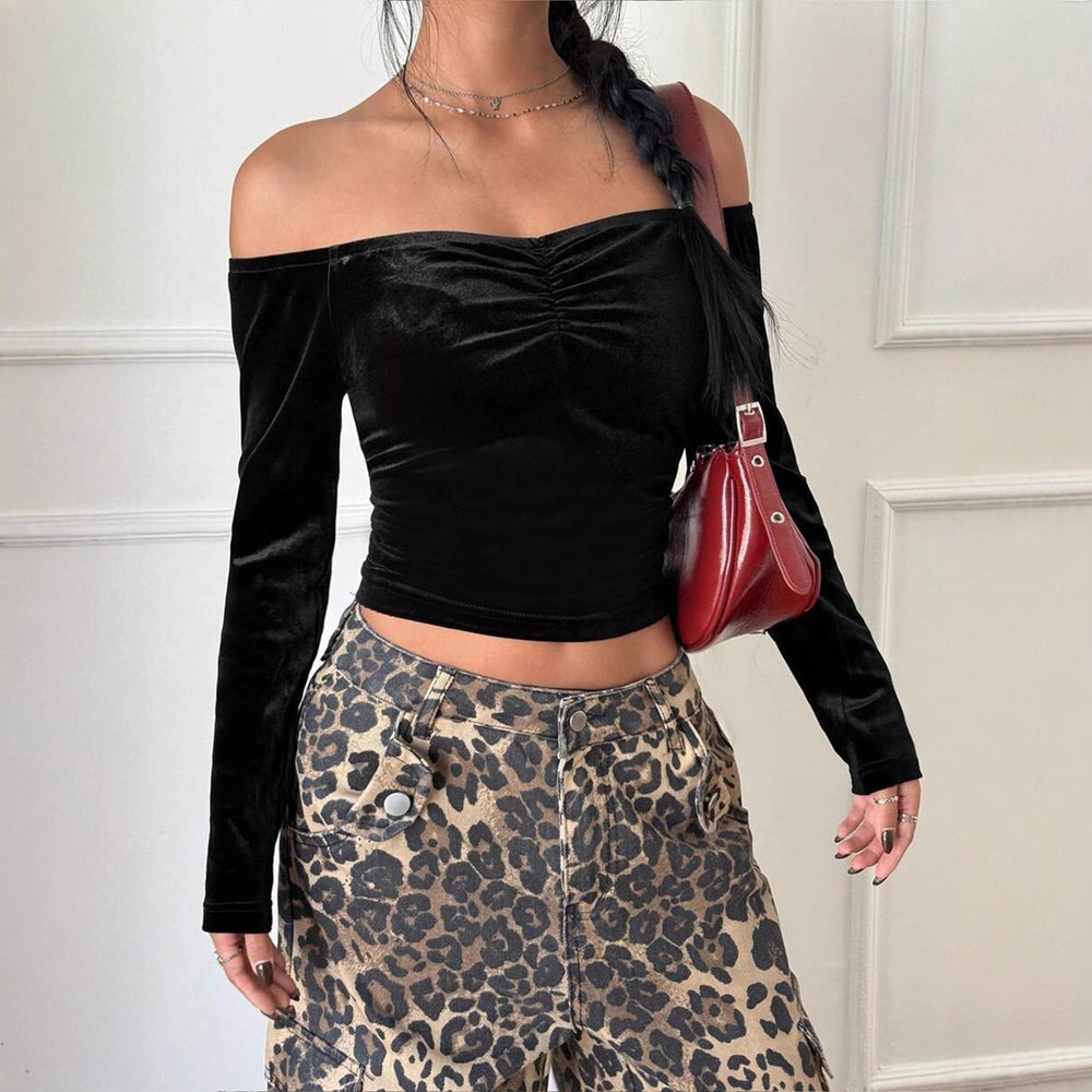Womens Solid-Color Versatile Off-Shoulder Slim-Fit T-Shirt