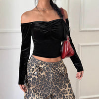Womens Solid-Color Versatile Off-Shoulder Slim-Fit T-Shirt