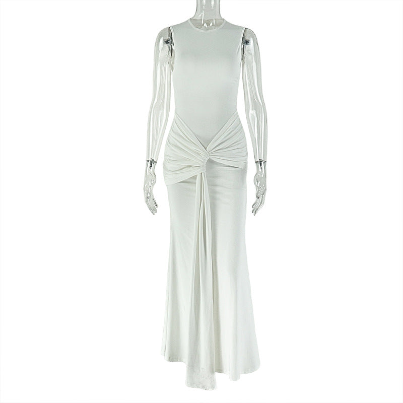 Ruched Crew-neck Strap Sleeveless Dress
