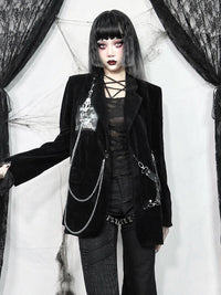 Gothic Style Dark Black Velvet Woolen Shoulder Pad Blazer Women