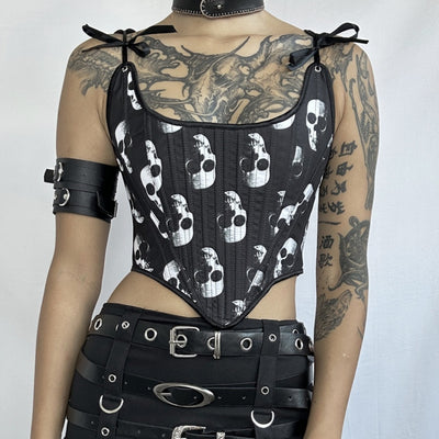 Dark Gothic Punk Spicy Girl Retro Skull Head Print Corset Tie Up Chest Vest