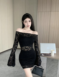Womens Off-shoulder Cutout Form-fitting Long-sleeve Dress