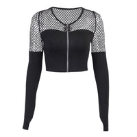 Dark Gothic Zip Bottom Shirt Fishnet Patchwork Long Sleeve T-Shirt
