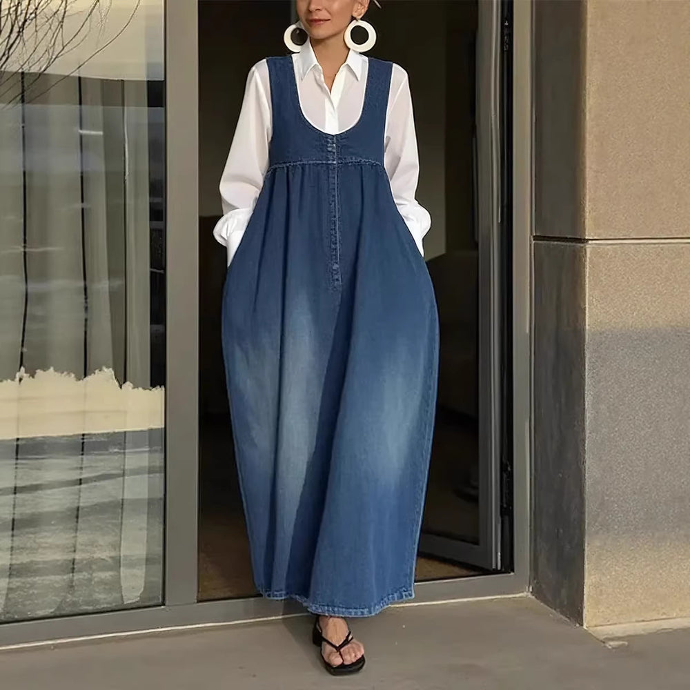 Bucket-style Washed Denim Vest Dress