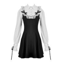 Gothic Dark Cute Lace Black And White Long-sleeved Dress