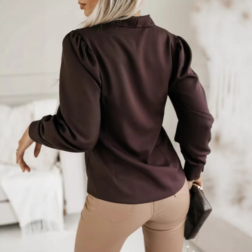 Urban Chic Solid-Color V-Neck Commuter Blouse For Women