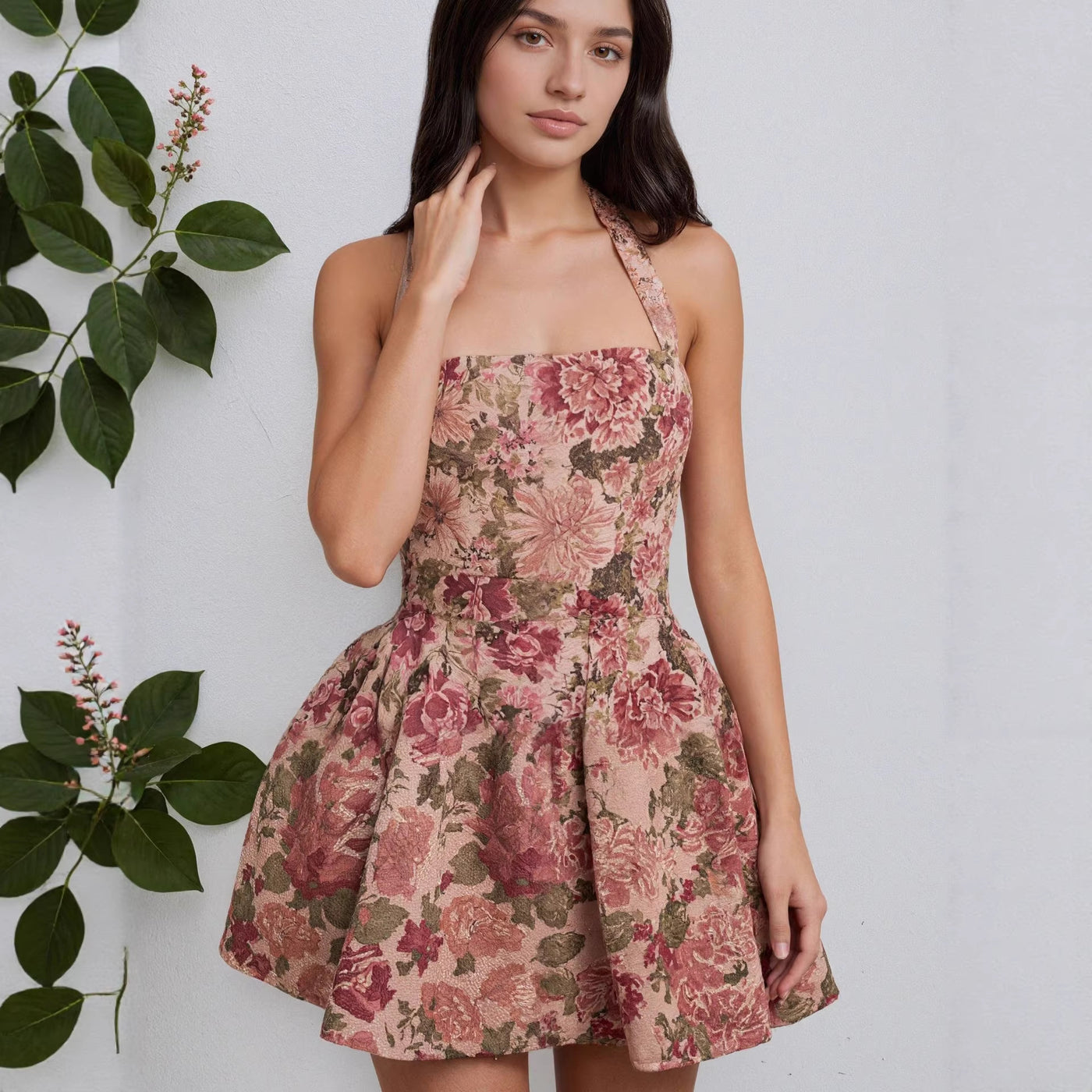 Womens Strapless Cinched Waist Floral Mini Backless Dress