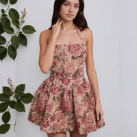 Womens Strapless Cinched Waist Floral Mini Backless Dress