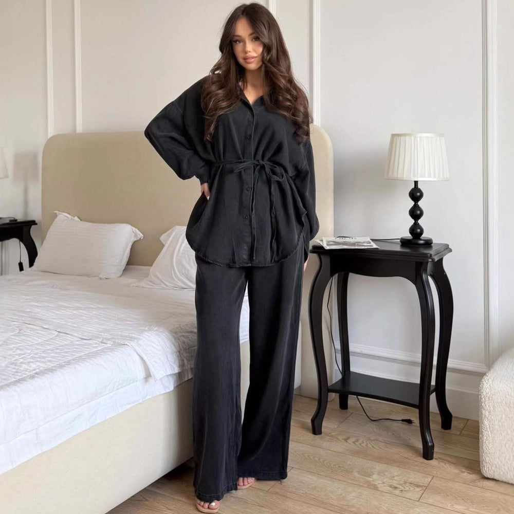 Fashionable Shirt-buttoned Tie-waisted Loose Jacket Denim Suit For Women