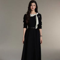 French Retro Hepburn-Style Ruffle-Detail Bow-Tie Dress