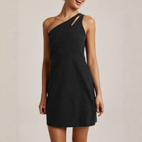 Womens Solid-Color One-Shoulder Backless Sleeveless Slip Dress