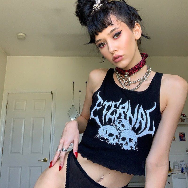 Navel Cropped Short Vest Female Gothic Style Vest Skull Print Top
