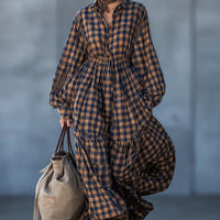 Loose-fitting Plus-size Womens Patchwork Cotton-linen Plaid Dress