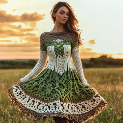 High-neck Dress Sweater With A Retro Cable-knit Design And Long Sleeves