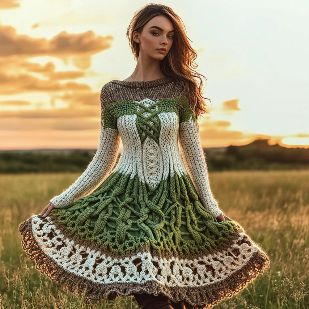 High-neck Dress Sweater With A Retro Cable-knit Design And Long Sleeves