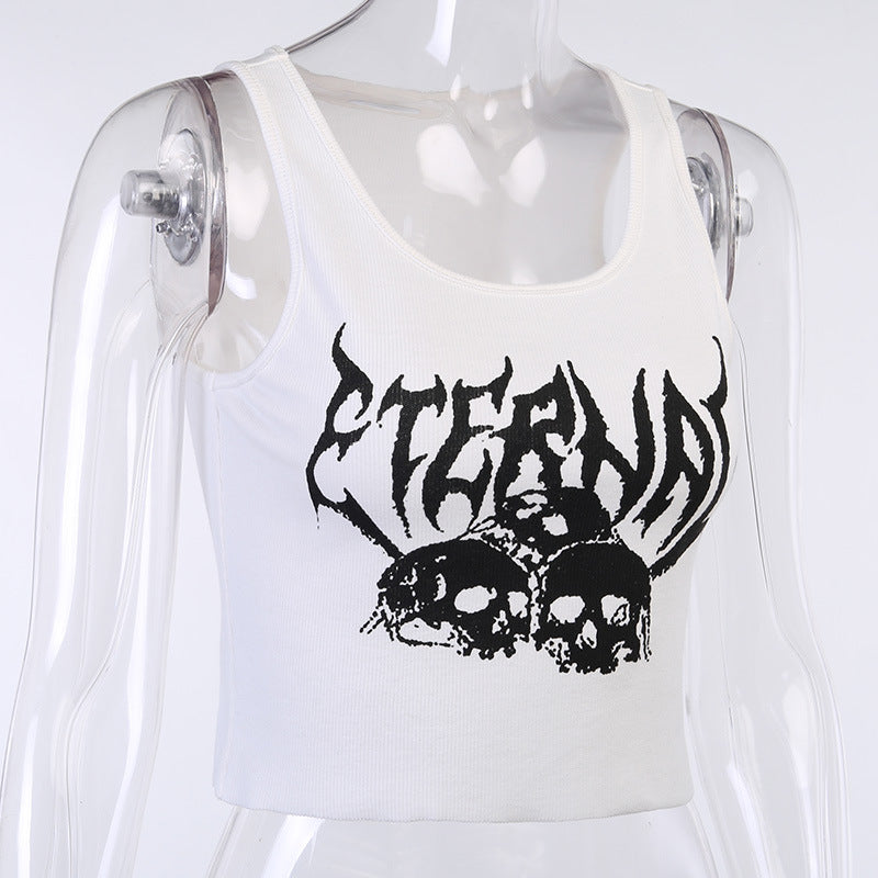 Navel Cropped Short Vest Female Gothic Style Vest Skull Print Top