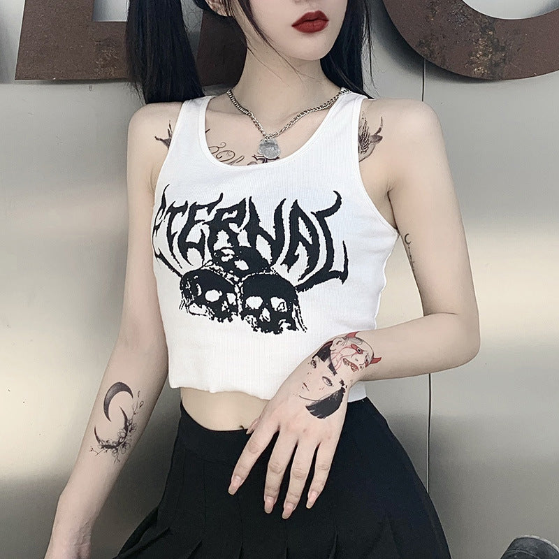Navel Cropped Short Vest Female Gothic Style Vest Skull Print Top
