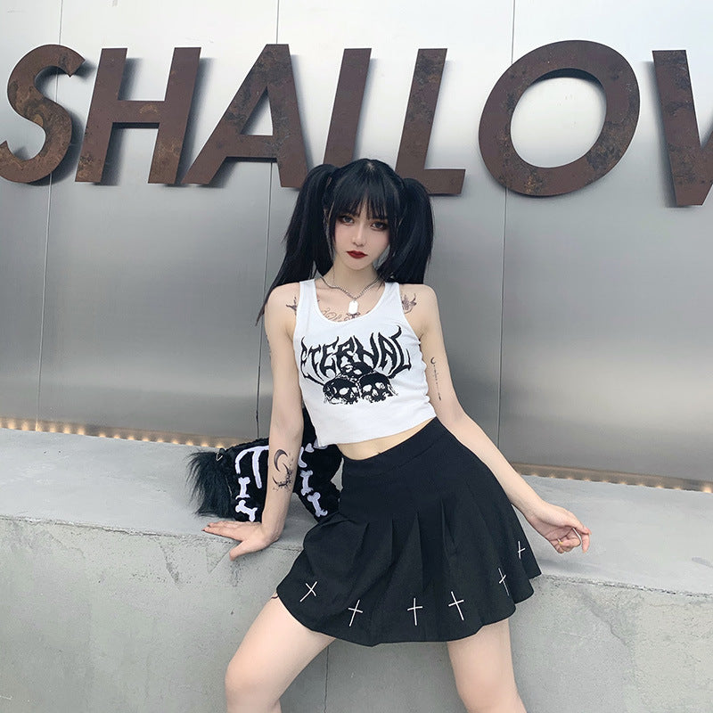 Navel Cropped Short Vest Female Gothic Style Vest Skull Print Top