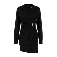 Pearl-button V-neck Long-sleeve Elegant Waist-cinched Dress