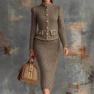 Elegant Herringbone Tweed Trim Skirt Suit For Women