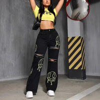 Womens Casual Loose Print Straight-leg Casual Pants