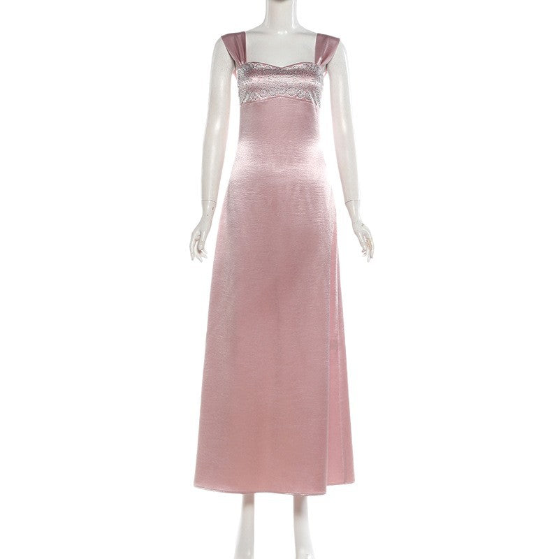 Backless Hot Pressed Diamond Waist Cinched Long Suspender Dress