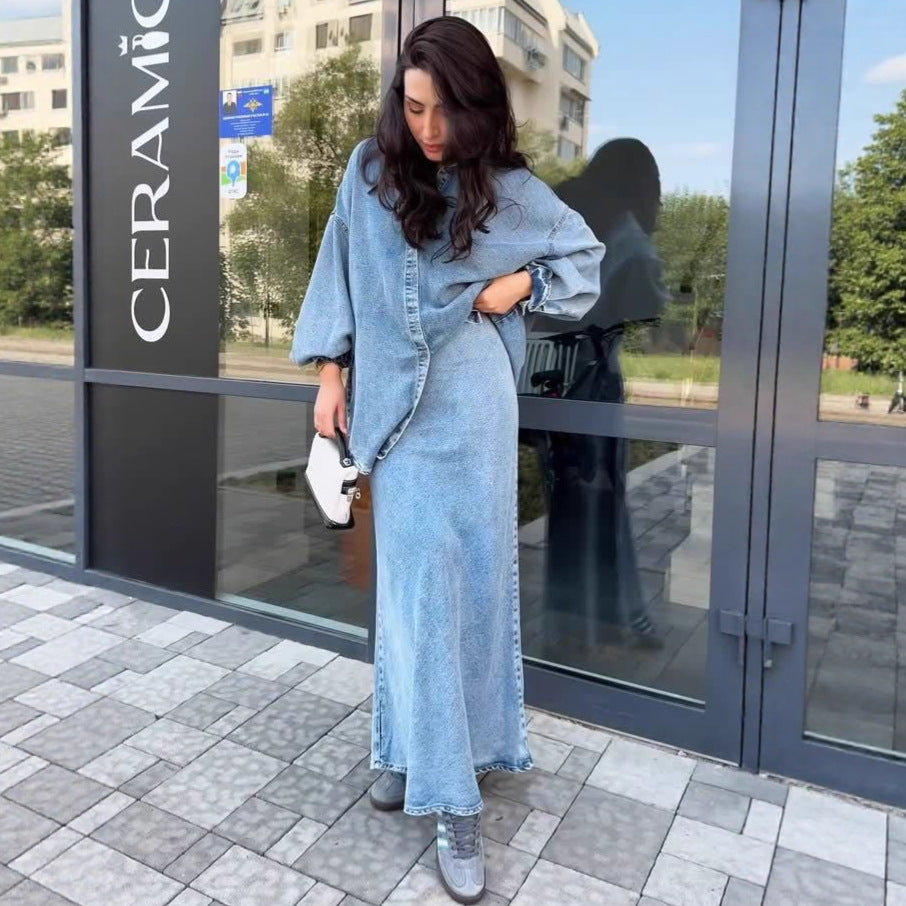 Fashionable Shirt-buttoned Tie-waisted Loose Jacket Denim Suit For Women