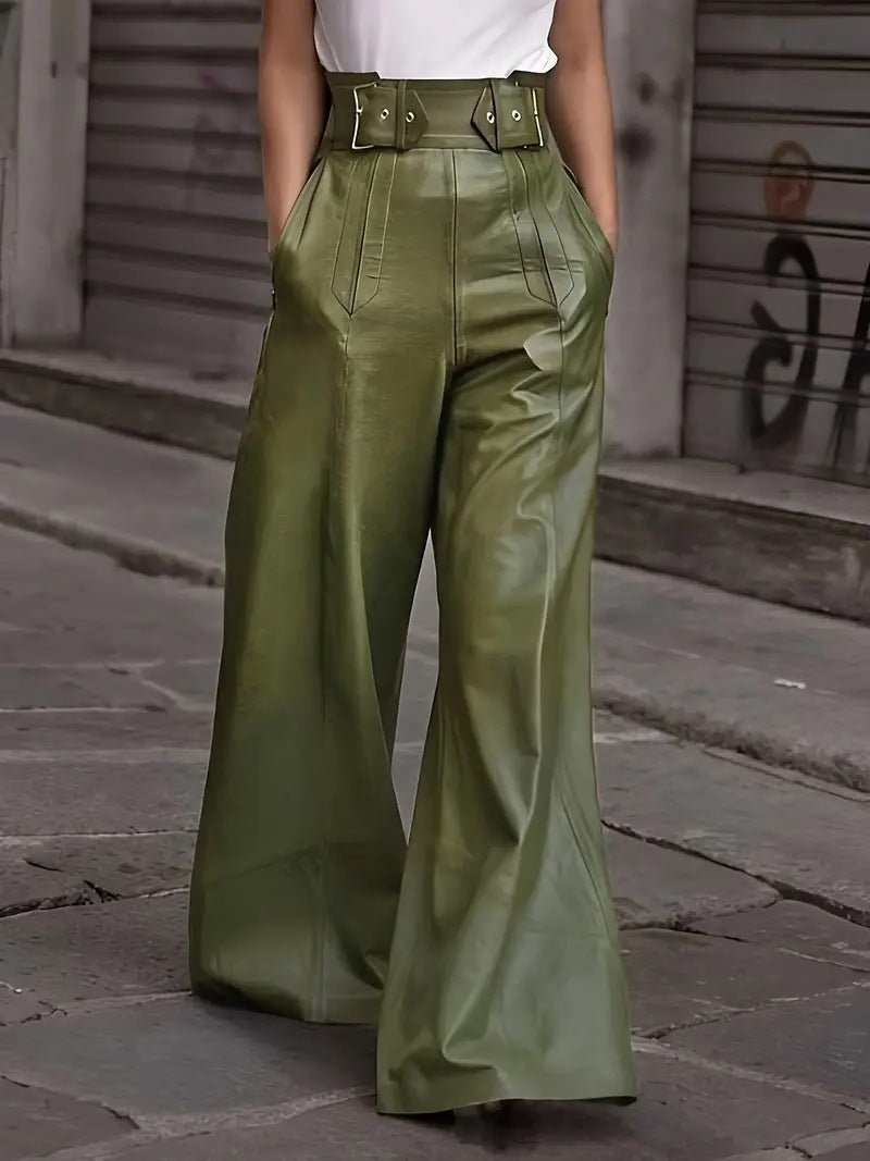 High-waisted Loose-fitting PU Leather Flared Pants With Pockets