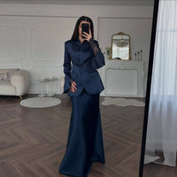 Elegant Slim-fit Solid-color Suit Jacket And Satin Maxi Skirt Set