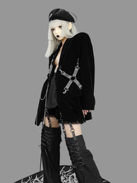 Gothic Style Dark Black Velvet Woolen Shoulder Pad Blazer Women