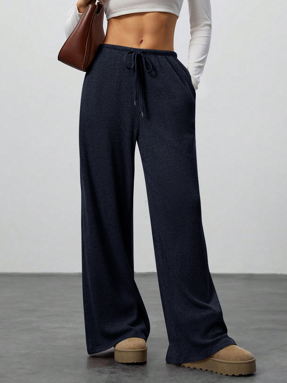 Womens Solid-Color Flowy Drawstring-Waist Wide-Leg Casual Pants