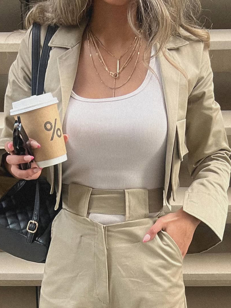 Khaki Cropped Utility Blazer & Wide-Leg Pants Set