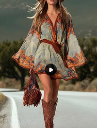 Retro Ethnic Style V-neck Flared Sleeves Fitted Waist Short Dress For Women, Loose-fitting Resort Style.
