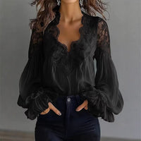 Womens Lace-Patchwork Ruffle-Shoulder Pleated Shirt