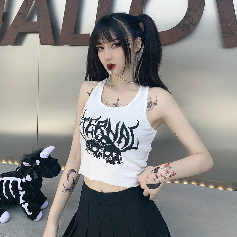 Navel Cropped Short Vest Female Gothic Style Vest Skull Print Top