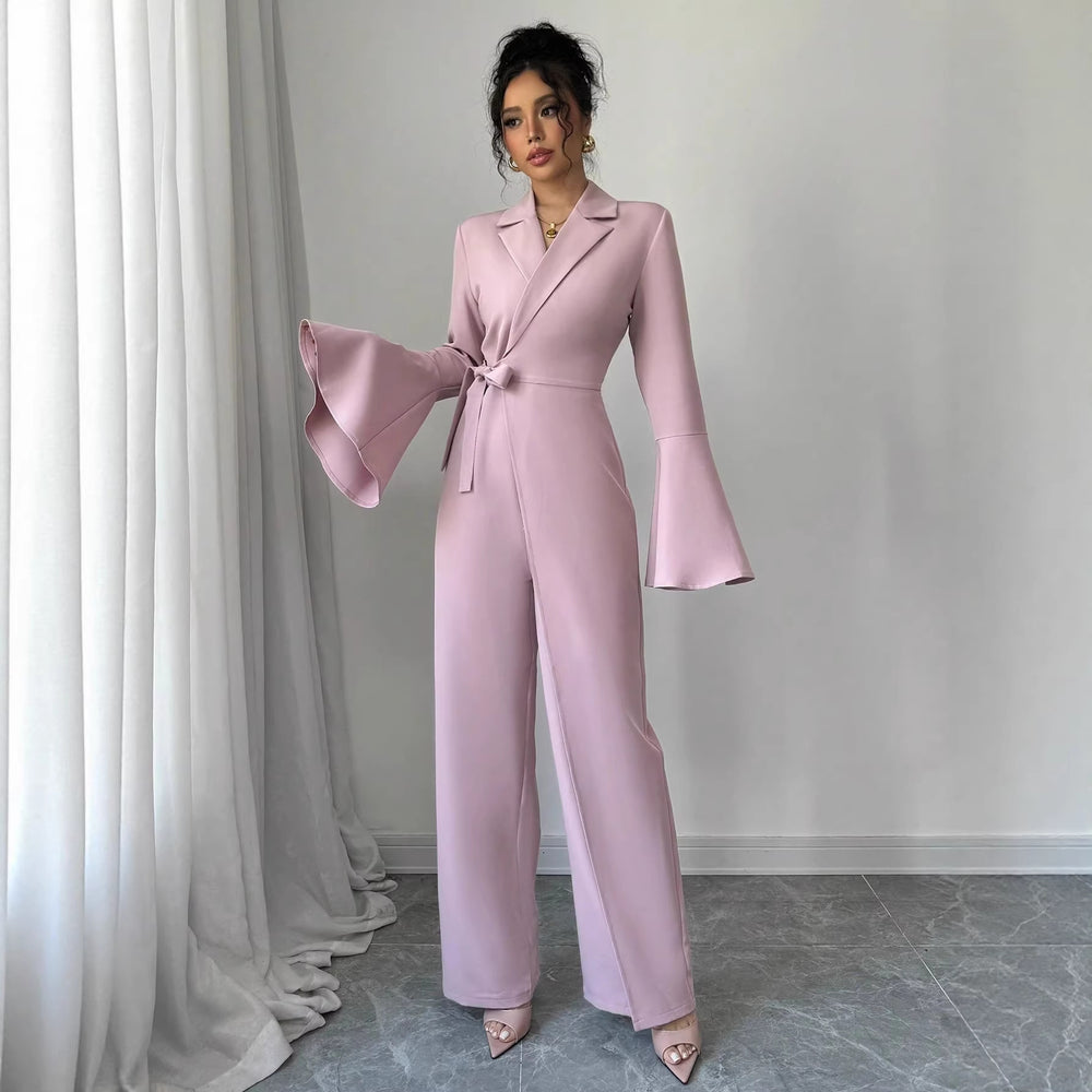 Elegant Solid-color Long-sleeve Flared-sleeve Wide-leg Jumpsuit