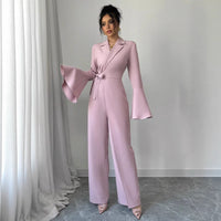 Elegant Solid-color Long-sleeve Flared-sleeve Wide-leg Jumpsuit