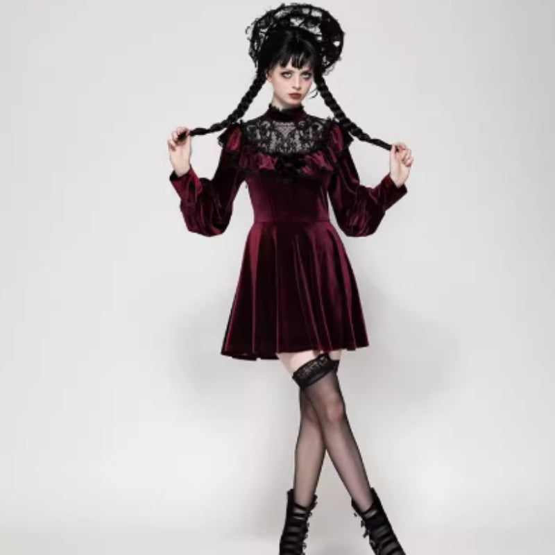 Personality Gothic Dark Red Velvet Dress