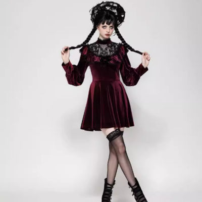 Personality Gothic Dark Red Velvet Dress