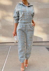 2026 Women's Chanel-style Plaid Hooded Set - High Street Tweed Zip-up Sweatshirt