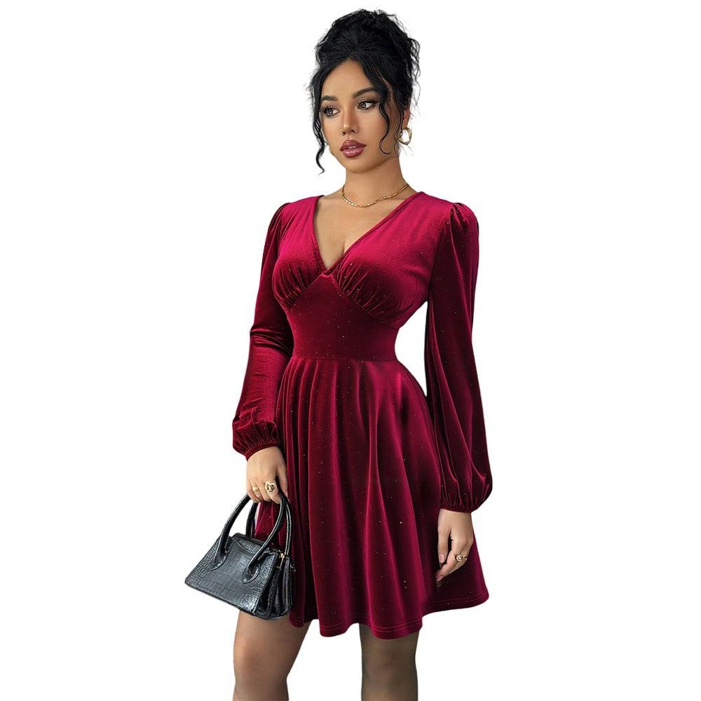 Retro Wine-red Velvet V-neck Dress With Lantern Sleeves