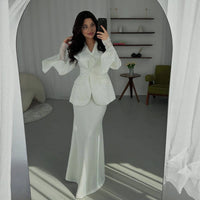 Elegant Slim-fit Solid-color Suit Jacket And Satin Maxi Skirt Set