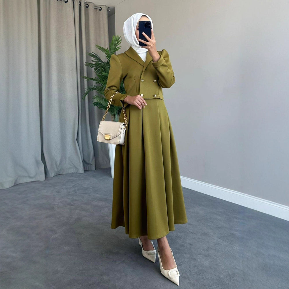 Buttoned Wool Coat And Preppy A-Line Maxi Dress Set