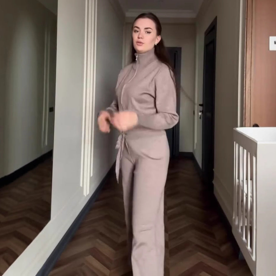 Solid-color Slim-fit Cropped Top And Slim-fit Knit Pants Two-piece Set