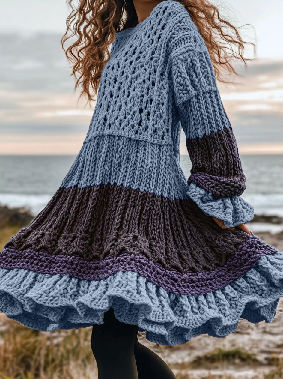 High-neck Dress Sweater With A Retro Cable-knit Design And Long Sleeves