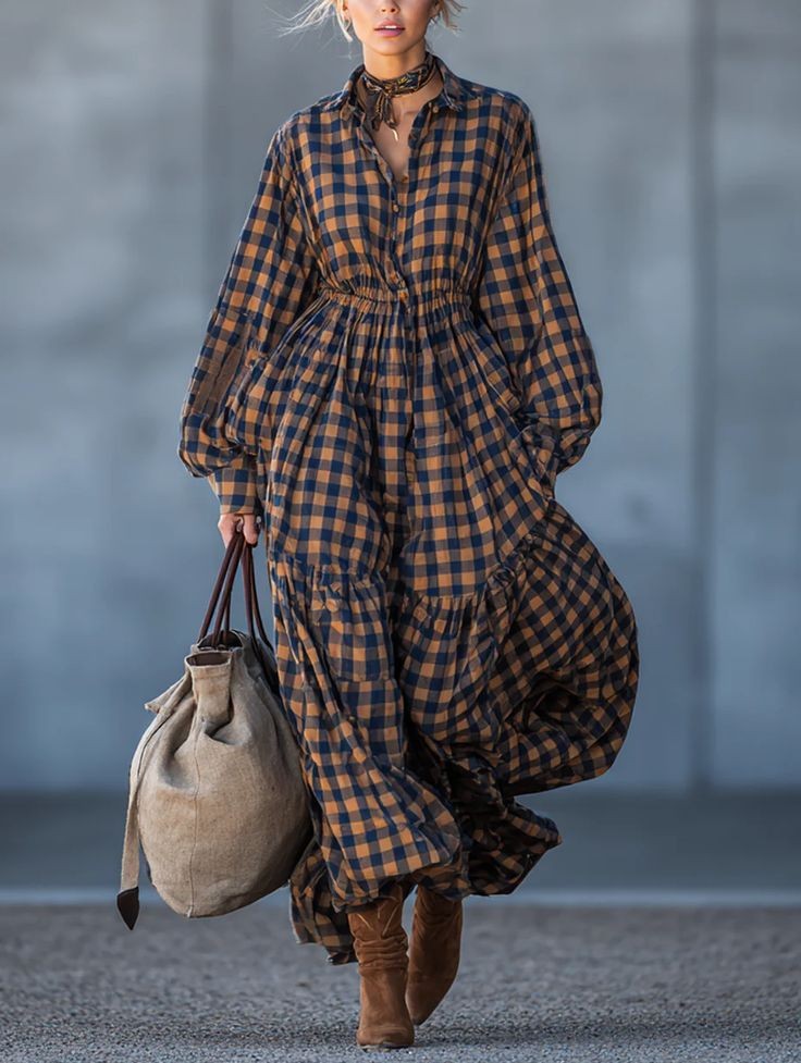 Loose-fitting Plus-size Womens Patchwork Cotton-linen Plaid Dress